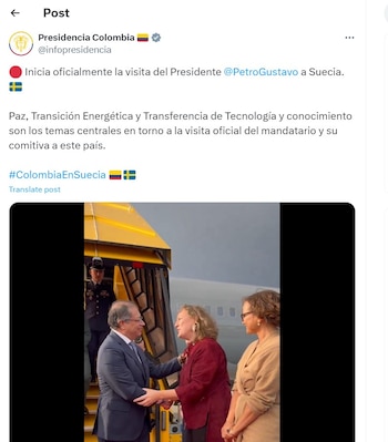 Cuenta oficial de la Presidencia informa la llegada del presidente Petro a Suecia - crédito @petrogustavo