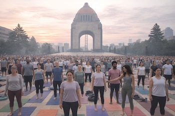 Vista de cientos de personas de diversas edades en colchonetas de yoga en una plaza al aire libre, con el Monumento a la Revolución de fondo al amanecer.
