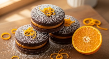 Tres alfajores de chocolate con relleno naranja, espolvoreados con azúcar glas y ralladura de naranja, junto a media naranja cortada.