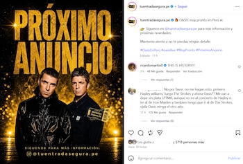 Póster oscuro con texto dorado "PRÓXIMO ANUNCIO" y las imágenes de Liam Gallagher y Noel Gallagher. Incluye boletos de "Tu Entrada Segura.PE" y detalles de redes sociales