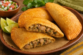 Cuatro pescadillas fritas en un plato de barro, una abierta con relleno de pescado y verduras, acompañadas de lima y un recipiente con salsa.