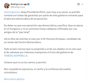 El ministro del Interior designado Rodrigo Lara respondió al anuncio del presidente Petro de aceptar la propuesta de ser el presidente del Pacto Histórico - crédito @Rodrigo_Lara_/X