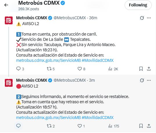 Línea 2 del Metrobús restablece operaciones. Foto: x.com/@MetrobusCDMX