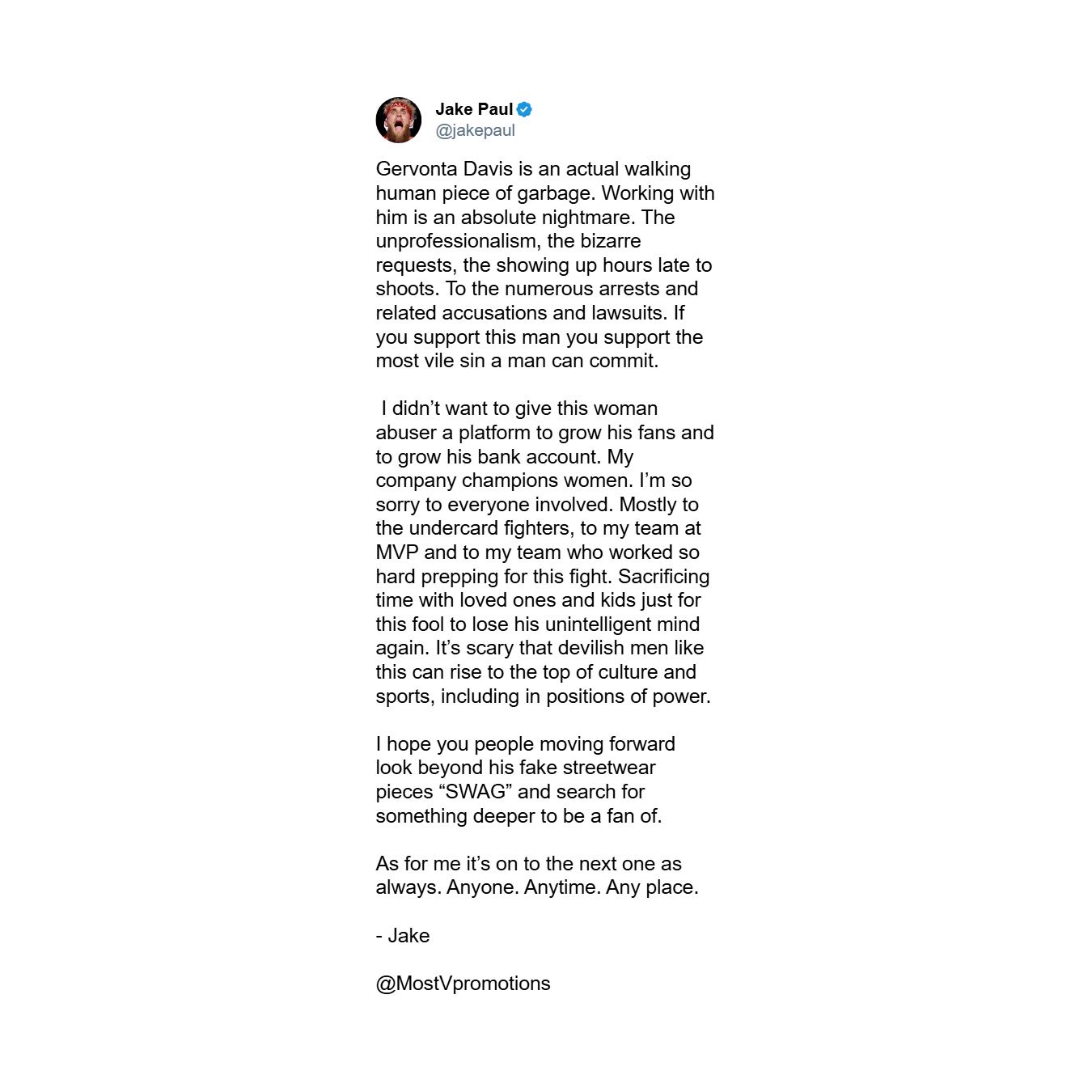 El posteo de Jake Paul