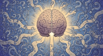 Ilustración de un cerebro humano central con luz, rodeado por numerosos signos de interrogación y caminos ondulados sobre un fondo azul oscuro.