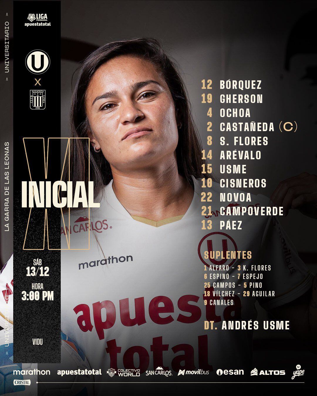 Alineación confirmada de Universitario ante Alianza Lima por la final de la Liga Femenina 2025