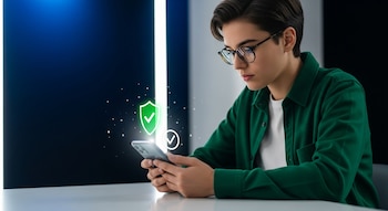 Joven con anteojos y camisa verde sentado en mesa blanca, mirando un celular con un ícono de escudo digital verde y una tilde de validación.