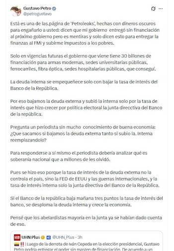 El mandatario calificó la información como falsa y aseguró que se trata de una campaña de desinformación basada en intereses políticos y económicos - crédito @petrogustavo/X