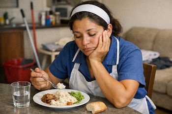 Mujer sentada a una mesa con camisa azul, delantal blanco y diadema. Come arroz, carne y lechuga de un plato con tenedor. Hay un vaso de agua y pan. Apoya la barbilla en su mano.