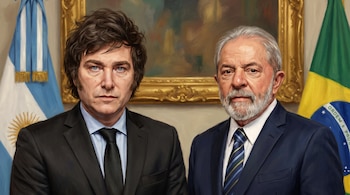 Retrato de Javier Milei y Luiz Inácio Lula da Silva de frente. Detrás, la bandera de Argentina a la izquierda y la de Brasil a la derecha. Un cuadro dorado en el centro.