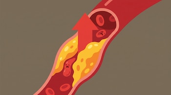Una ilustración muestra una arteria roja con placas amarillas de colesterol. Una flecha roja hacia arriba y glóbulos rojos "tristes" indican el aumento.