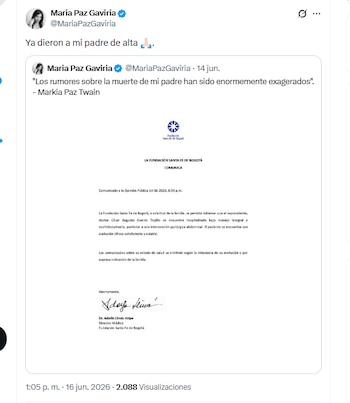 María Paz Gaviria informó que el expresidente César Gaviria fue dado de alta - crédito @MariaPazGaviria/X
