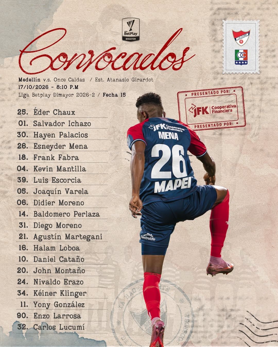 El grupo de convocados por parte de Luis Amaranto Perea para el juego ante Once Caldas-crédito Independiente Medellín