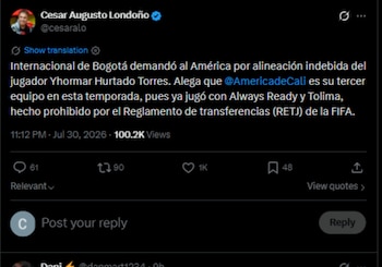 El reclamo de Inter de Bogotá sostiene que Yhormar Hurtado Torres sería el tercer club del jugador en esta temporada-crédito @cesaralo/X