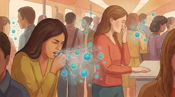Ilustración de un vagón lleno de personas; una mujer estornuda expulsando gotículas virales, otra se toca la cara tras tocar una superficie.