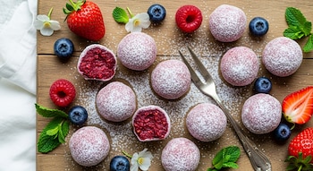 Una tabla de madera con trufas de frutos rojos cubiertas de azúcar glas, fresas, arándanos, frambuesas y hojas de menta fresca. Algunas trufas están cortadas.