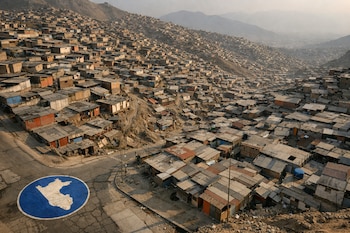 Vista aérea de un área montañosa con cientos de casas de autoconstrucción, calles irregulares y un logo circular azul con el mapa de Perú pintado en el suelo.