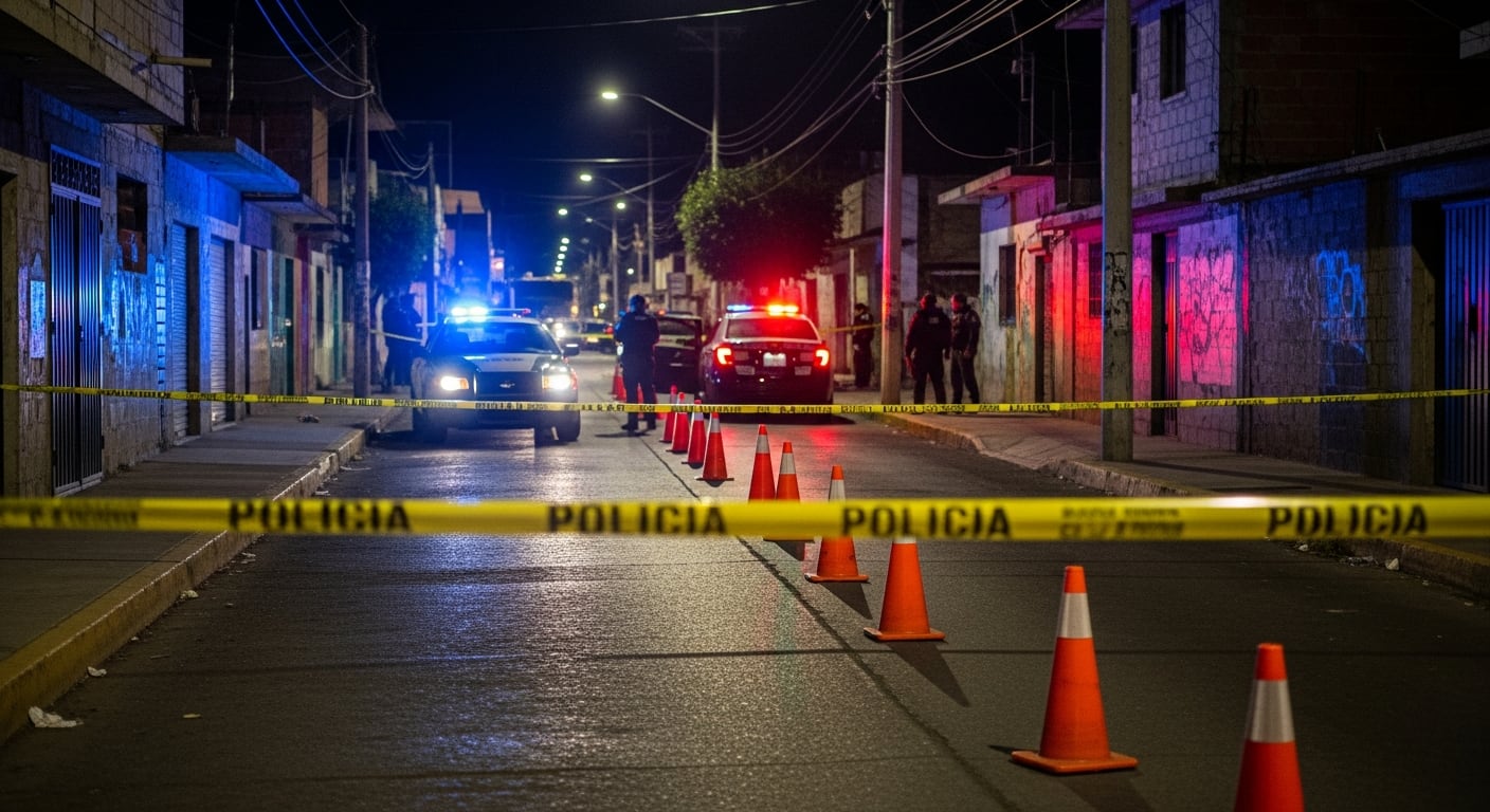 Una calle de un barrio popular en Irapuato, Guanajuato, está acordonada con cinta policial y conos naranjas, mientras patrullas iluminan la escena con sus luces intermitentes en la oscuridad de la noche. (Imagen Ilustrativa Infobae)