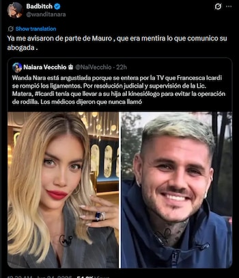 Captura de pantalla de una publicación en red social con texto, y dos fotografías tipo retrato: una de Wanda Nara y otra de Mauro Icardi