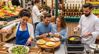 Un mercado de alimentos vibrante con personas usando aceite de oliva: una mujer prepara una ensalada, un chef cocina y una pareja sonríe mientras prueba pan.