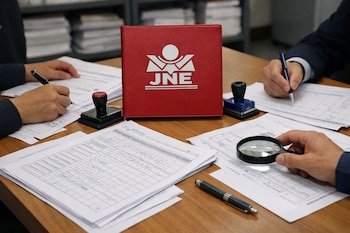 Manos de funcionarios revisan documentos electorales con lupas y bolígrafos sobre una mesa de madera. Una carpeta roja con el logo del JNE está en el centro.