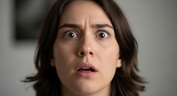 Primer plano de una mujer de cabello castaño con ojos muy abiertos, cejas fruncidas y boca ligeramente abierta, sobre un fondo gris claro.