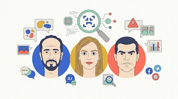 Ilustración plana de Iván Cepeda, Paloma Valencia y Abelardo de la Espriella bajo una lupa digital con símbolos de IA, rodeados de íconos de noticias falsas y redes sociales.