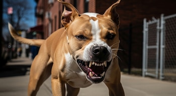 Primer plano de un perro pitbull marrón y blanco con la boca abierta mostrando los dientes en una expresión agresiva. El fondo borroso muestra una calle de ciudad.
