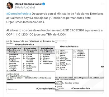 María Fernanda Cabal, senadora por el Centro Democrático, criticó los gastos burocráticos del Gobierno Petro - crédito @MariaFdaCabal/X