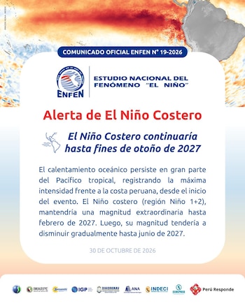 Comunicado oficial con un mapa térmico del océano Pacífico y un texto institucional sobre la alerta del fenómeno de El Niño Costero en el Perú