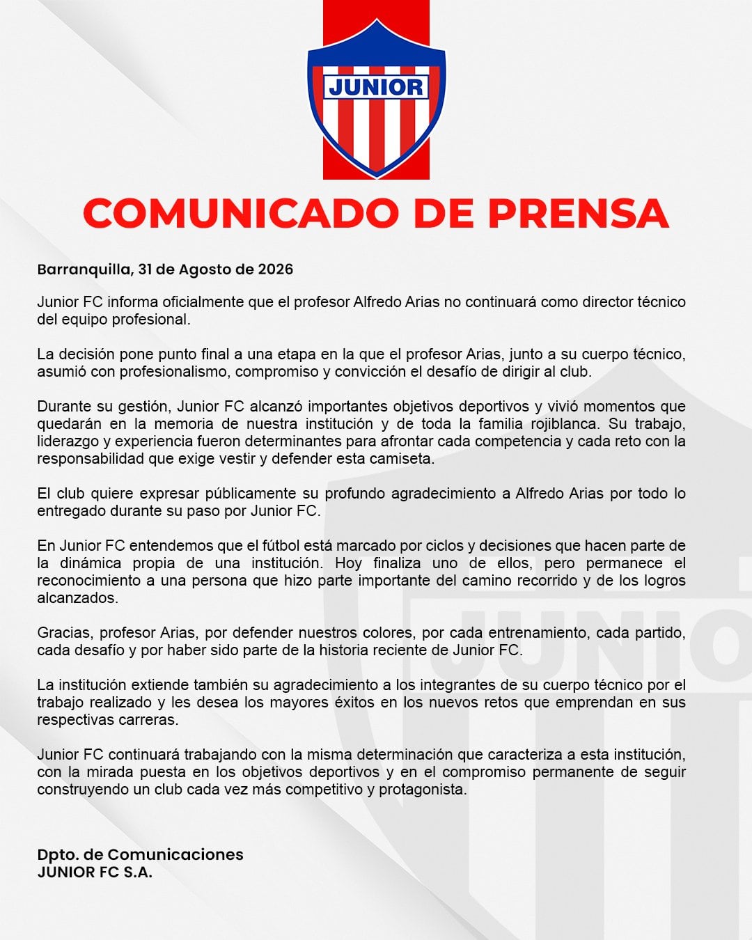 El comunicado de Junior de Barranquilla que oficializa la salida de Alfredo Arias de la dirección técnica del equipo - crédito Junior