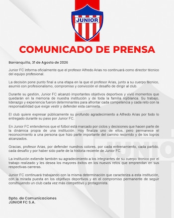 El comunicado de Junior de Barranquilla que oficializa la salida de Alfredo Arias de la dirección técnica del equipo - crédito Junior