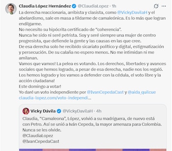 La exalcaldesa denunció sicariato político y digital, estigmatización y persecución por parte de sectores de la derecha tras anunciar su respaldo a Iván Cepeda - crédito Claudia López/X