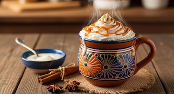 Una taza de cerámica artesanal con atole caliente, crema batida, caramelo y canela espolvoreada, junto a palitos de canela, anís estrellado y un tazón.