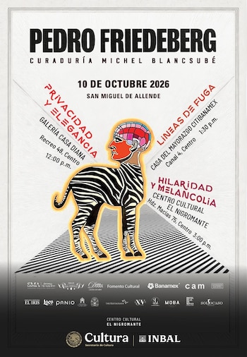 Cartel con texto sobre exposiciones y una ilustración central de una figura con cuerpo de cebra y cabeza humana con el cerebro al descubierto