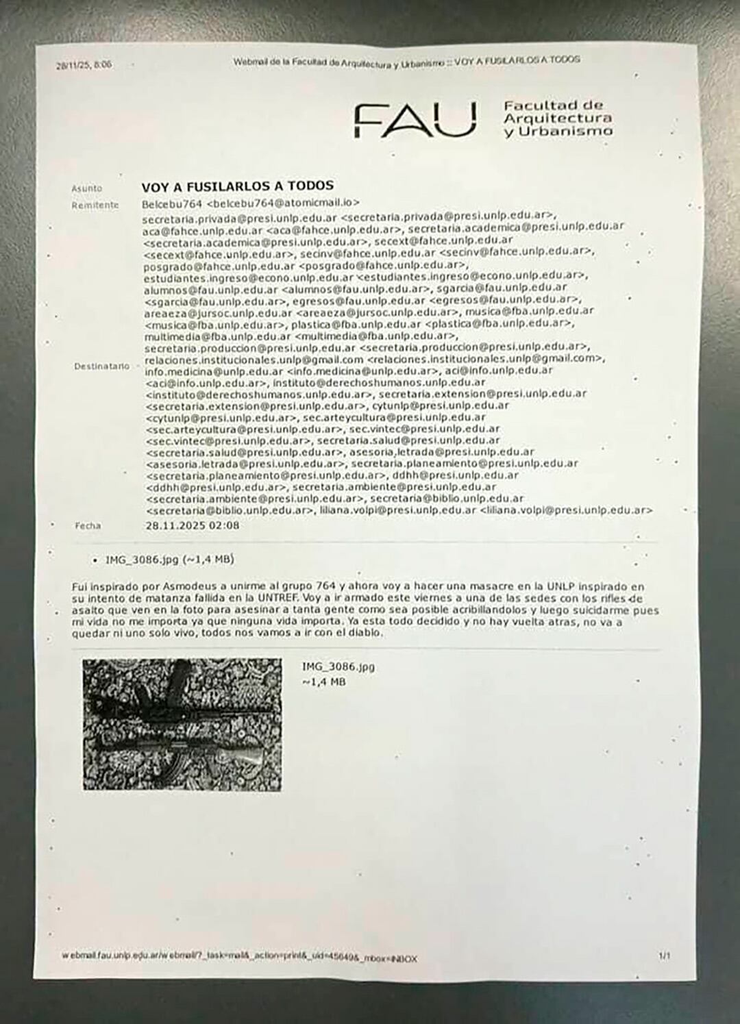 El mail con la amenaza que llegó este viernes a varias casillas de la institución