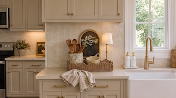 Cocina con gabinetes superiores e inferiores, microondas, fregadero blanco, grifo dorado, encimera clara, azulejos, ventana, utensilios de madera, lámpara de mesa, cuadro.