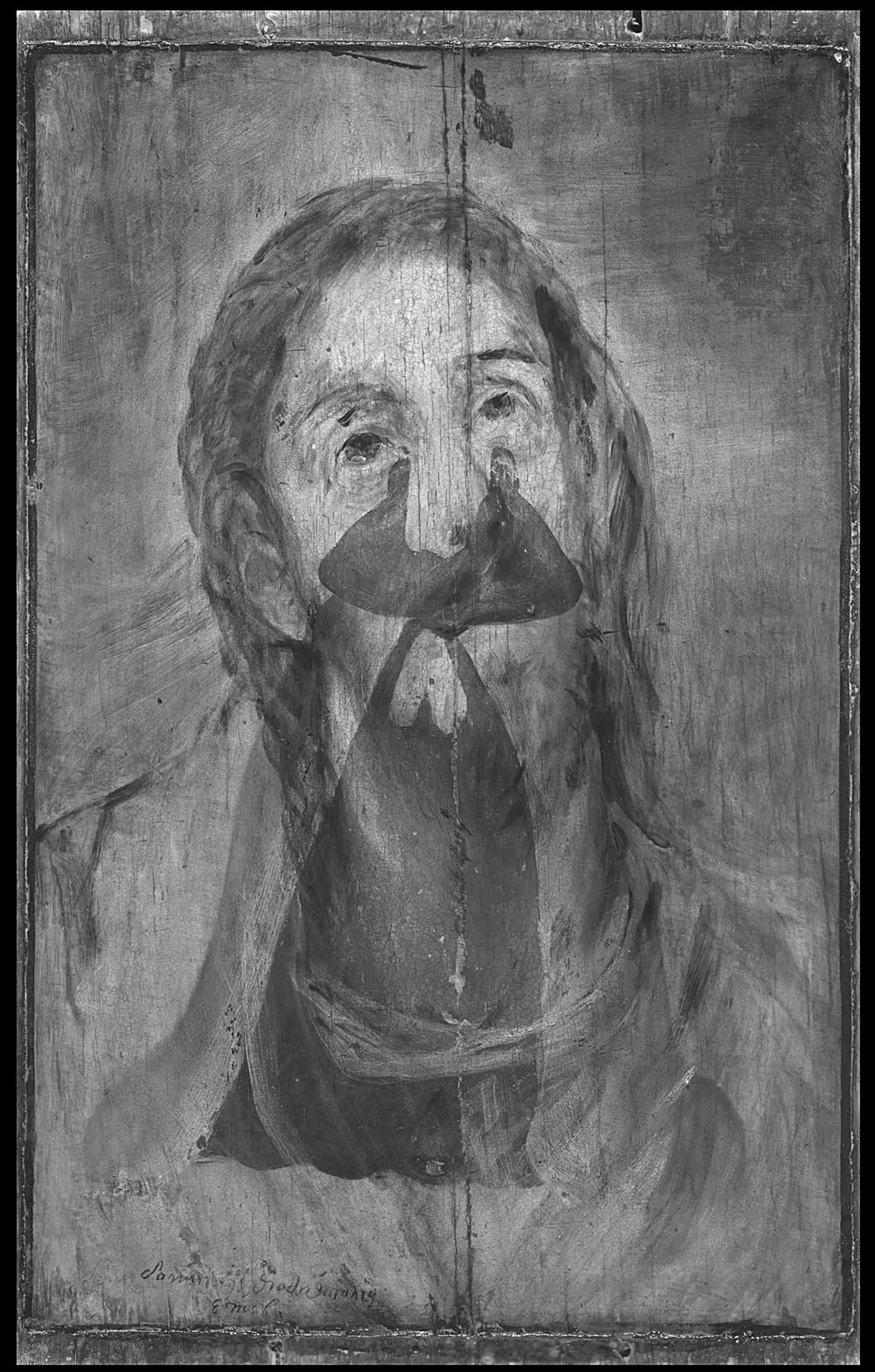 La pintura fue objeto, presumiblemente durante los años 60 del siglo XX, de una falsificación que ocultó las capas originales y redibujó la imagen del Cristo