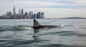 La aleta dorsal y parte del cuerpo de un tiburón emergen del agua ondulante, con la silueta de edificios de Nueva York y el horizonte de Nueva Jersey al fondo.