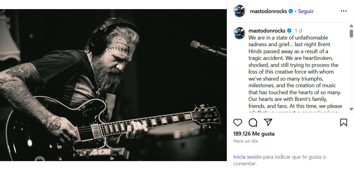 La banda compartió sus condolencias vía Instagram (Foto: Instagram/@mastodonrocks)