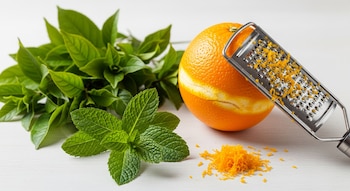 Hojas de té verde y hierbabuena fresca junto a una naranja entera y un rallador con su ralladura, dispuestos sobre una superficie blanca.