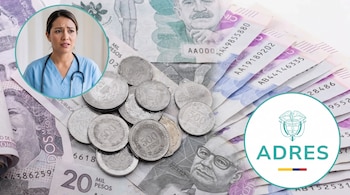 Billetes y monedas de pesos colombianos con un círculo que muestra a una médica y otro con el logotipo de ADRES.