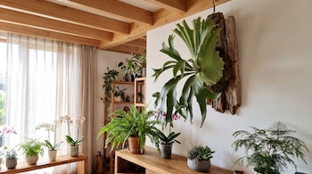 Helecho cuerno de alce sobre madera en la pared, orquídeas, helechos y suculentas en macetas sobre muebles de madera junto a una ventana.