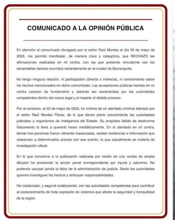 Comunciado oficial en el que Alias el gatico niega estar involucrado en el atentado contra Raúl Montes - crédito comunicado El Gatico