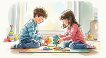 Ilustración acuarela de un niño y una niña sentados sobre una alfombra, armando rompecabezas coloridos. Se ven otros juguetes y luz solar en el fondo.