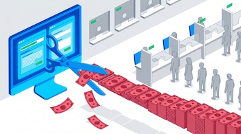 Ilustración de una sala de oficina pública con figuras anónimas grises, ventanillas y una computadora azul brillante con una tijera cortando billetes rojos.