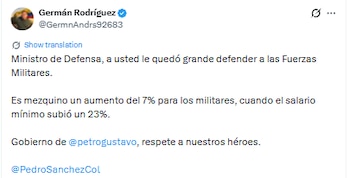 El senador electo cuestionó el incremento del 7% del salario mínimo de las FF.MM - crédito @GermnAndrs92683/X