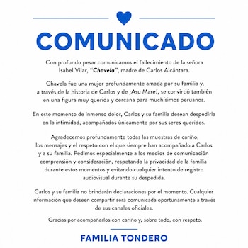Un comunicado oficial con un icono de corazón azul informa el fallecimiento de Isabel Vilar, madre de Carlos Alcántara, y pide privacidad para la familia Tondero
