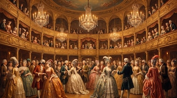 Un gran teatro barroco lleno de personas con trajes y máscaras del siglo XVIII, bailando en la sala principal iluminada por candelabros, con espectadores en los palcos.
