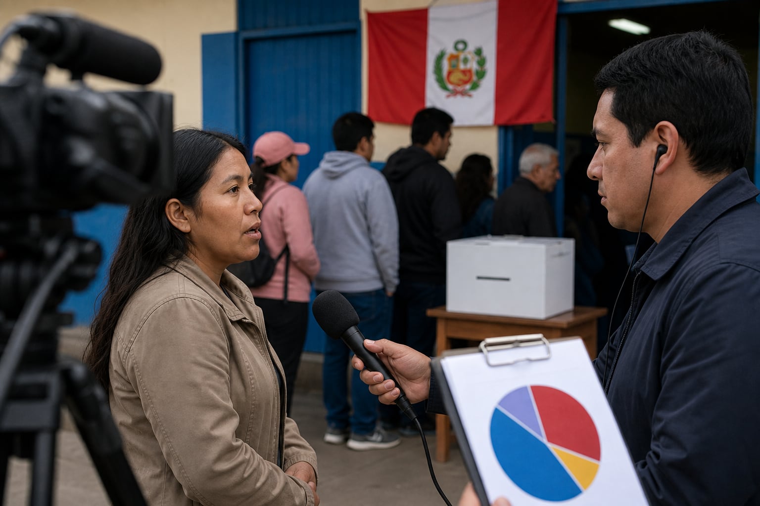 Un periodista realiza una encuesta a boca de urna a una electora frente a un centro de votación en Perú durante las elecciones de 2026. (Imagen Ilustrativa Infobae)